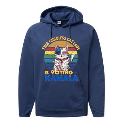 Funny Vintage Retro This Childless Cat Lady Is Voting Kamala Performance Fleece Hoodie