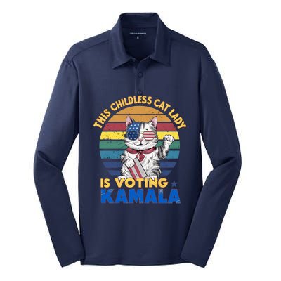 Funny Vintage Retro This Childless Cat Lady Is Voting Kamala Silk Touch Performance Long Sleeve Polo