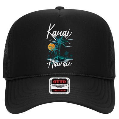 Family Vacation Retro Sunset Hawaii Kauai High Crown Mesh Back Trucker Hat