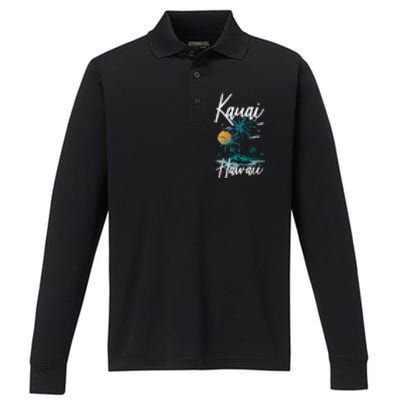 Family Vacation Retro Sunset Hawaii Kauai Performance Long Sleeve Polo