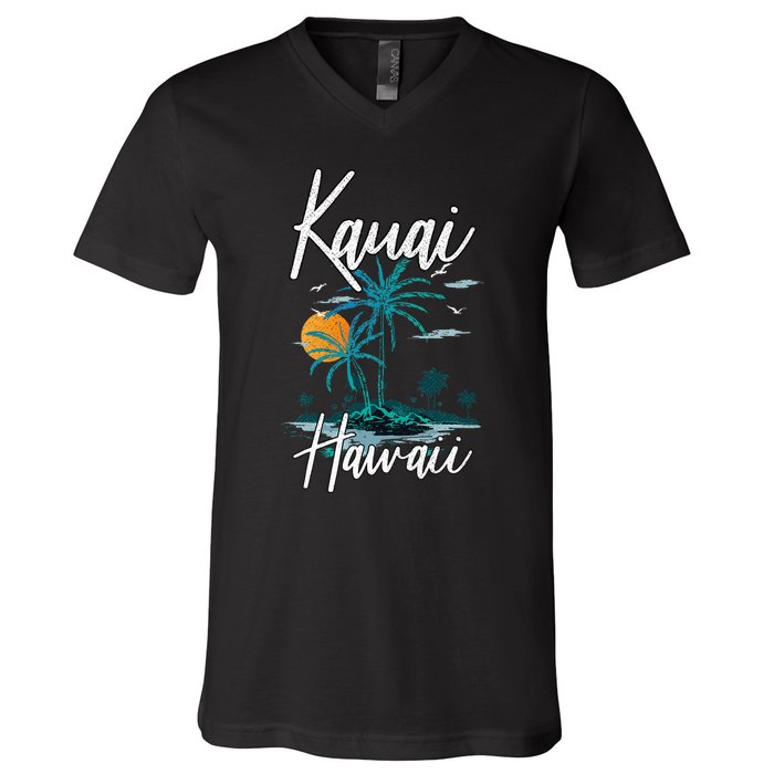 Family Vacation Retro Sunset Hawaii Kauai V-Neck T-Shirt