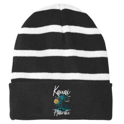 Family Vacation Retro Sunset Hawaii Kauai Striped Beanie with Solid Band