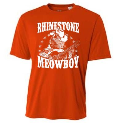 Funny Vintage Rhinestone Meowboy Cowboy Cat Cooling Performance Crew T-Shirt