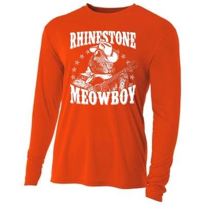 Funny Vintage Rhinestone Meowboy Cowboy Cat Cooling Performance Long Sleeve Crew