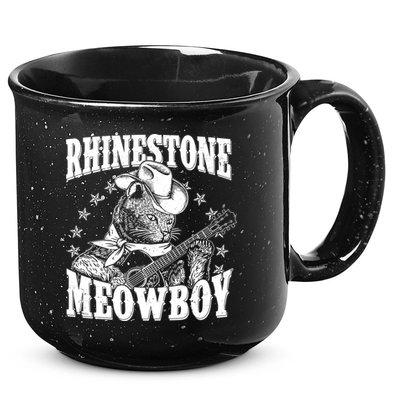 Funny Vintage Rhinestone Meowboy Cowboy Cat 15oz Campfire Ceramic Mug