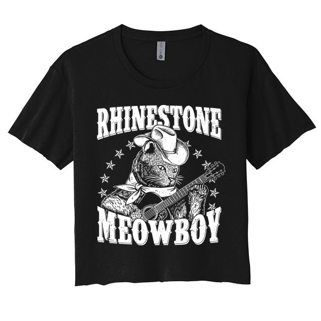Funny Vintage Rhinestone Meowboy Cowboy Cat Crop Top