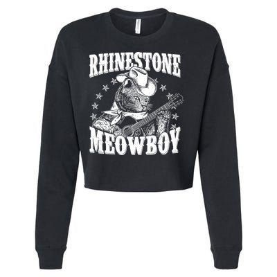 Funny Vintage Rhinestone Meowboy Cowboy Cat Cropped Pullover Crew