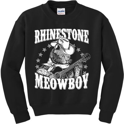 Funny Vintage Rhinestone Meowboy Cowboy Cat Kids Sweatshirt