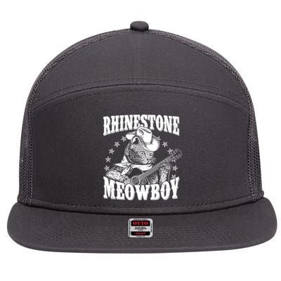 Funny Vintage Rhinestone Meowboy Cowboy Cat 7 Panel Mesh Trucker Snapback Hat