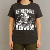 Funny Vintage Rhinestone Meowboy Cowboy Cat T-Shirt
