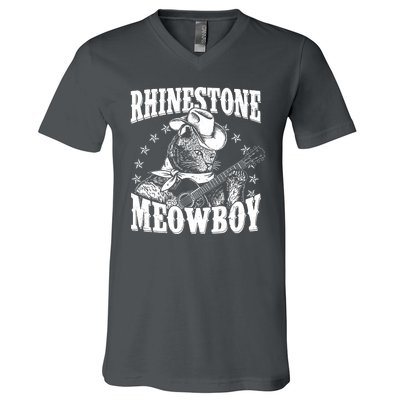 Funny Vintage Rhinestone Meowboy Cowboy Cat V-Neck T-Shirt