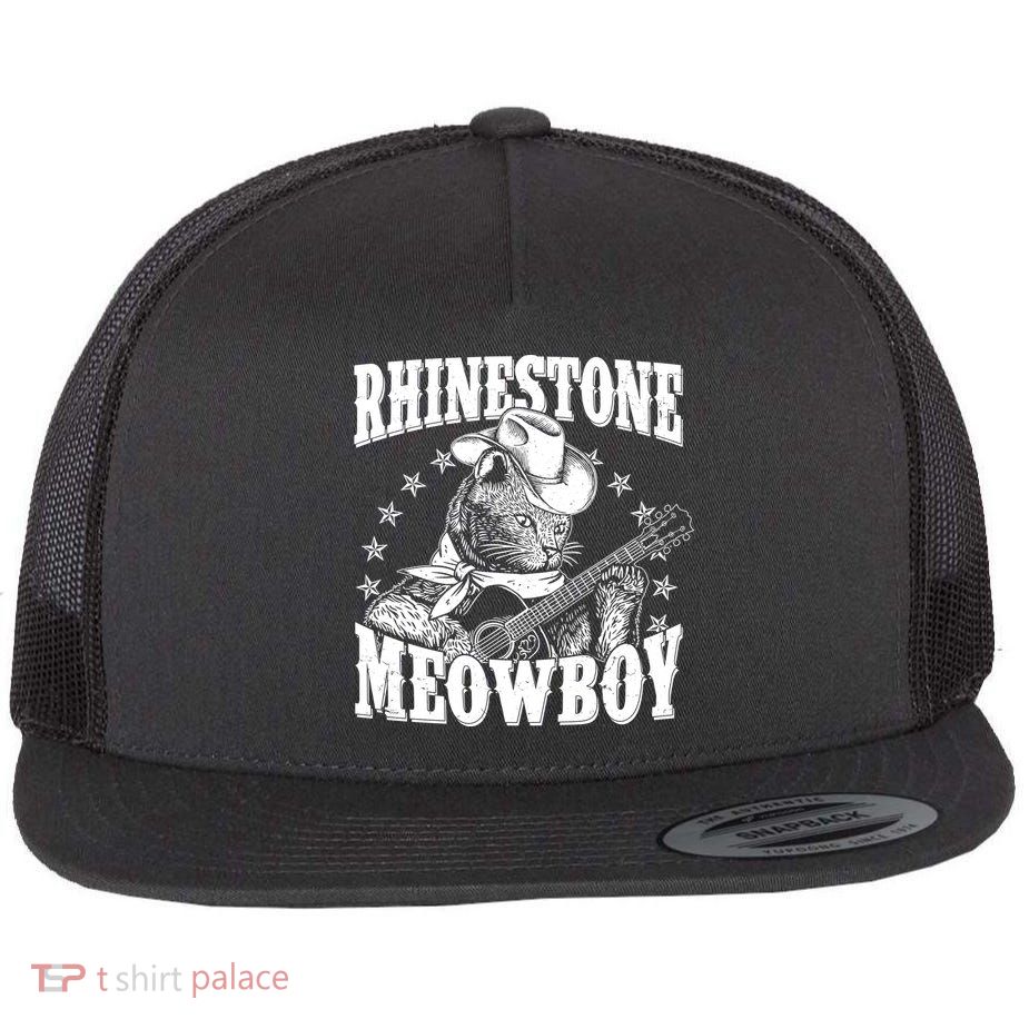 Funny Vintage Rhinestone Meowboy Cowboy Cat Flatbill Hat