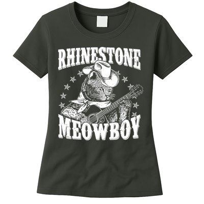 Funny Vintage Rhinestone Meowboy Cowboy Cat Womens T-Shirt