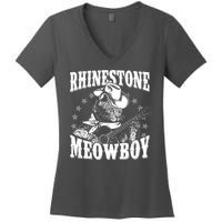 Funny Vintage Rhinestone Meowboy Cowboy Cat Women's V-Neck T-Shirt