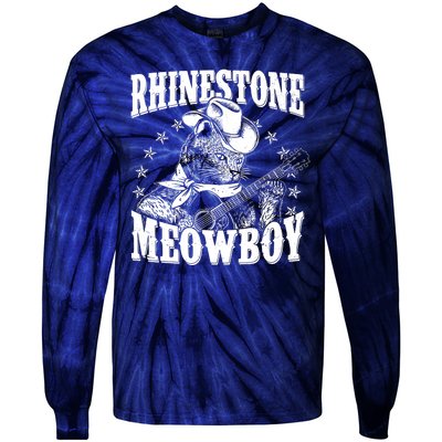 Funny Vintage Rhinestone Meowboy Cowboy Cat Tie-Dye Long Sleeve Shirt