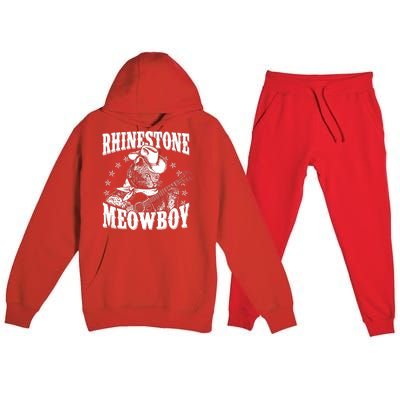 Funny Vintage Rhinestone Meowboy Cowboy Cat Premium Hooded Sweatsuit Set