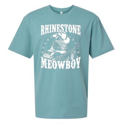 Funny Vintage Rhinestone Meowboy Cowboy Cat Sueded Cloud Jersey T-Shirt