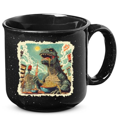 Funny Vintage Retro Japanese Ramen Loving Kaiju Monster 15oz Campfire Ceramic Mug