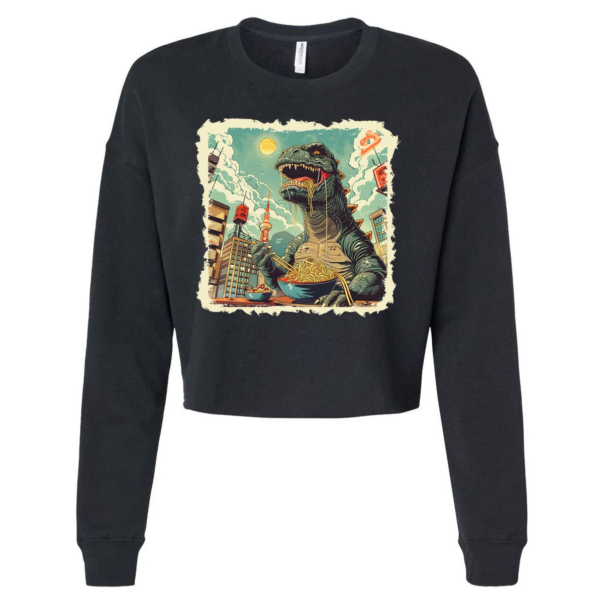 Funny Vintage Retro Japanese Ramen Loving Kaiju Monster Cropped Pullover Crew