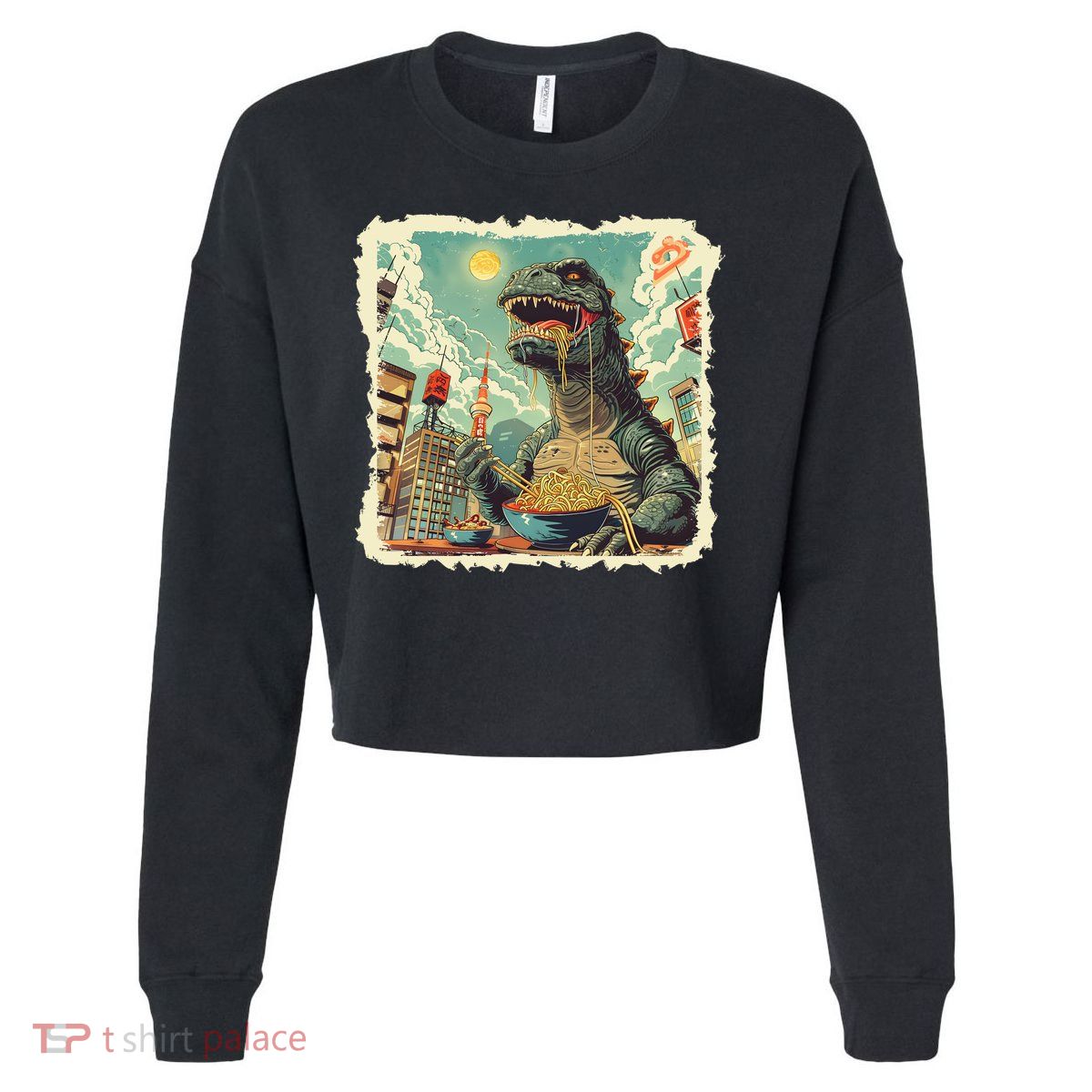 Funny Vintage Retro Japanese Ramen Loving Kaiju Monster Cropped Pullover Crew