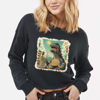 Funny Vintage Retro Japanese Ramen Loving Kaiju Monster Cropped Pullover Crew