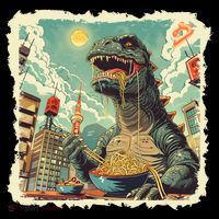 Funny Vintage Retro Japanese Ramen Loving Kaiju Monster Cropped Pullover Crew