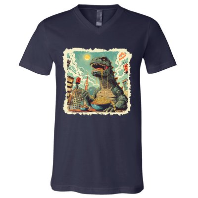 Funny Vintage Retro Japanese Ramen Loving Kaiju Monster V-Neck T-Shirt