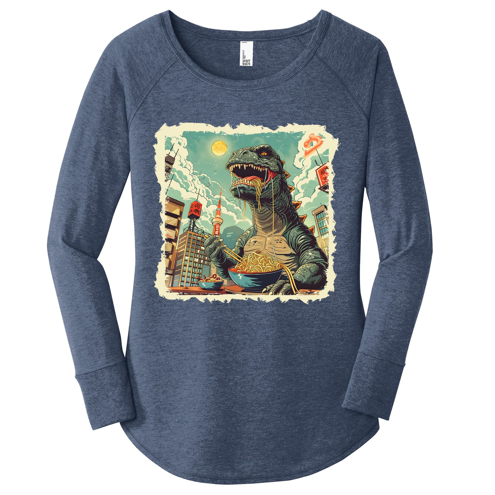 Funny Vintage Retro Japanese Ramen Loving Kaiju Monster Women's Perfect Tri Tunic Long Sleeve Shirt