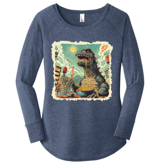 Funny Vintage Retro Japanese Ramen Loving Kaiju Monster Women's Perfect Tri Tunic Long Sleeve Shirt
