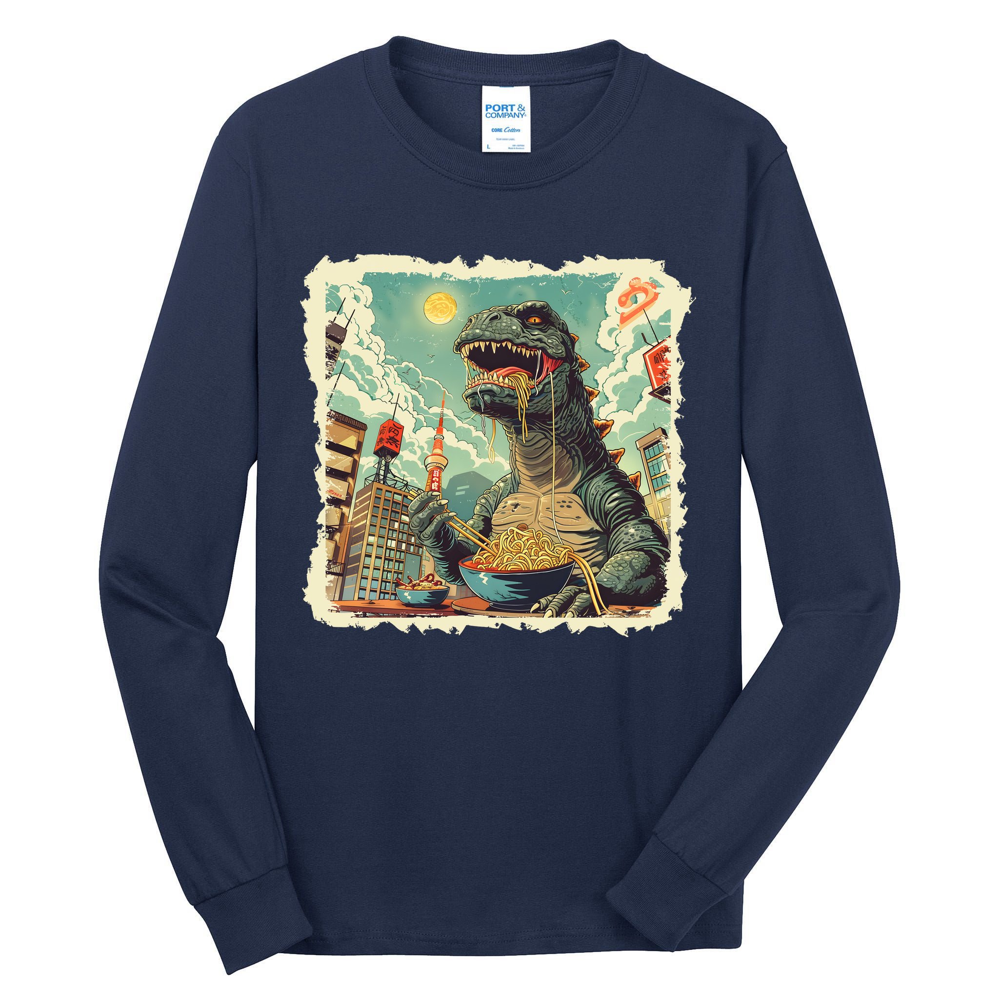 Funny Vintage Retro Japanese Ramen Loving Kaiju Monster Tall Long Sleeve T-Shirt