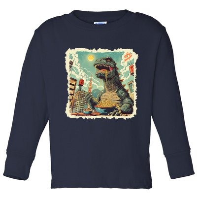 Funny Vintage Retro Japanese Ramen Loving Kaiju Monster Toddler Long Sleeve Shirt