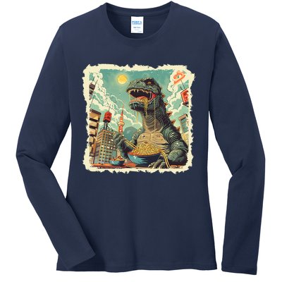 Funny Vintage Retro Japanese Ramen Loving Kaiju Monster Ladies Long Sleeve Shirt