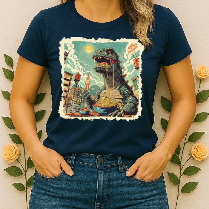 Funny Vintage Retro Japanese Ramen Loving Kaiju Monster Womens T-Shirt