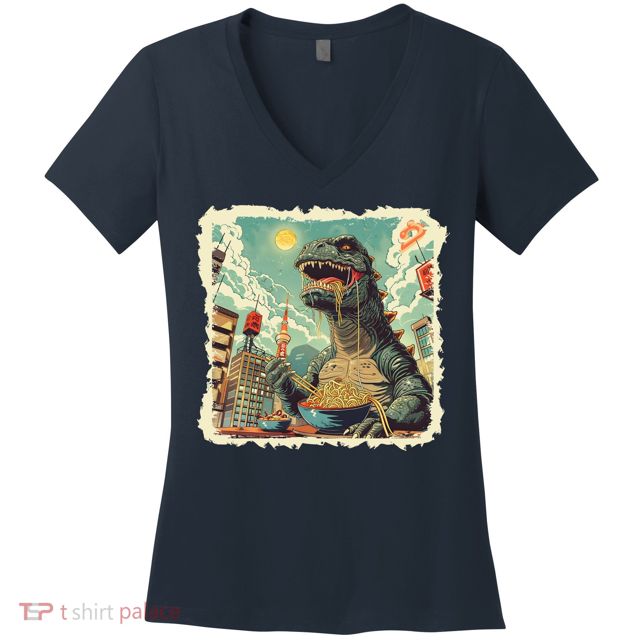 Funny Vintage Retro Japanese Ramen Loving Kaiju Monster Women's V-Neck T-Shirt