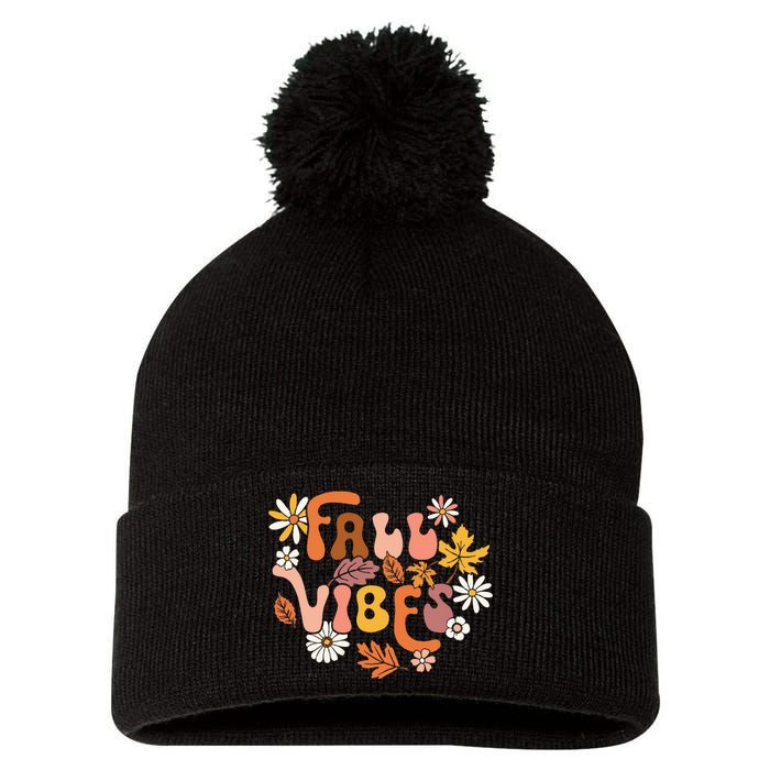 Fall Vibes Retro Groovy Fall Season Retro Leopard Autumn Pom Pom 12in Knit Beanie