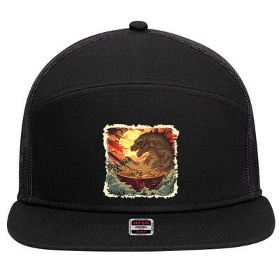 Funny Vintage Retro Japanese Great Wave Ramen Kaiju Monster 7 Panel Mesh Trucker Snapback Hat