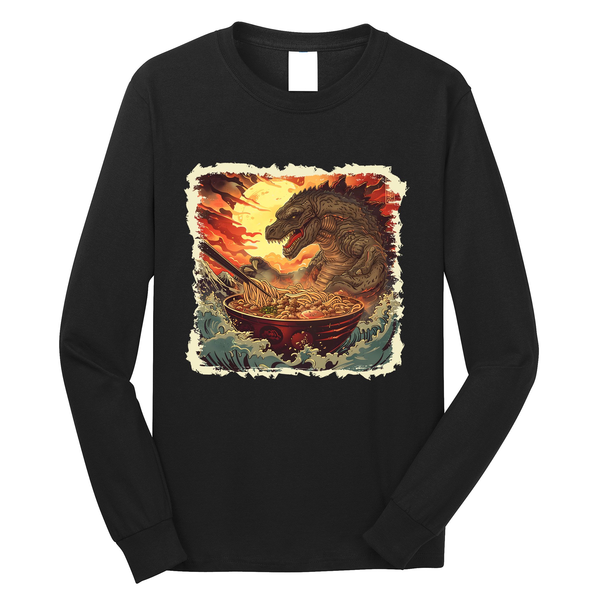 Funny Vintage Retro Japanese Great Wave Ramen Kaiju Monster Long Sleeve Shirt