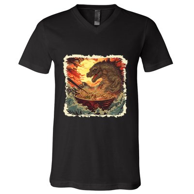 Funny Vintage Retro Japanese Great Wave Ramen Kaiju Monster V-Neck T-Shirt