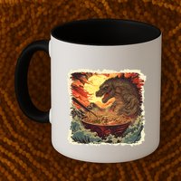 Funny Vintage Retro Japanese Great Wave Ramen Kaiju Monster Mug