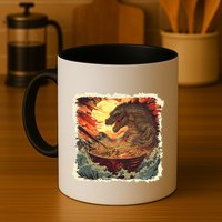 Funny Vintage Retro Japanese Great Wave Ramen Kaiju Monster Mug