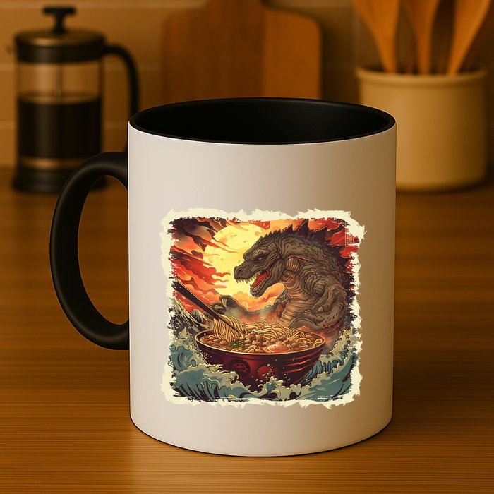 Funny Vintage Retro Japanese Great Wave Ramen Kaiju Monster Mug