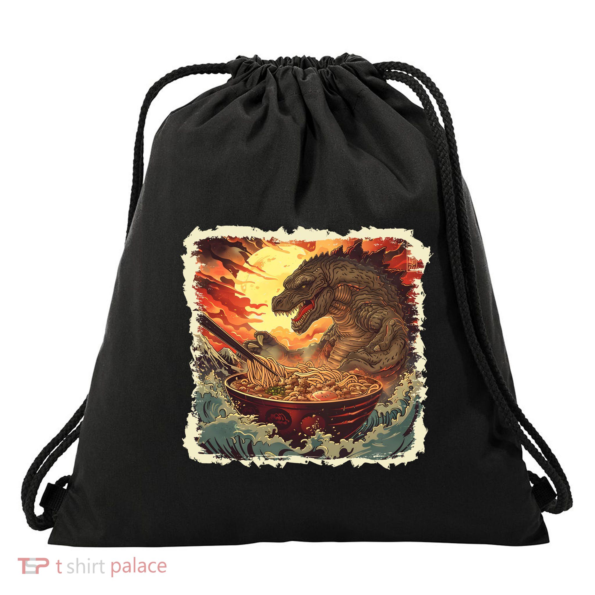 Funny Vintage Retro Japanese Great Wave Ramen Kaiju Monster Drawstring Bag