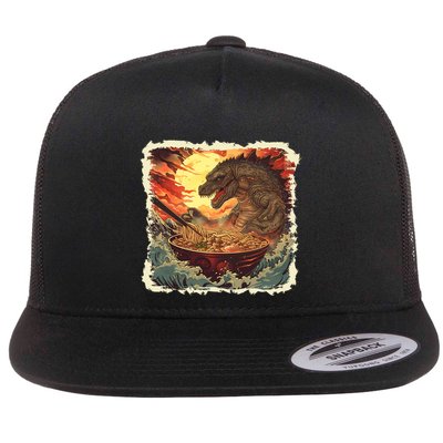 Funny Vintage Retro Japanese Great Wave Ramen Kaiju Monster Flatbill Hat