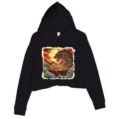 Funny Vintage Retro Japanese Great Wave Ramen Kaiju Monster Crop Fleece Hoodie