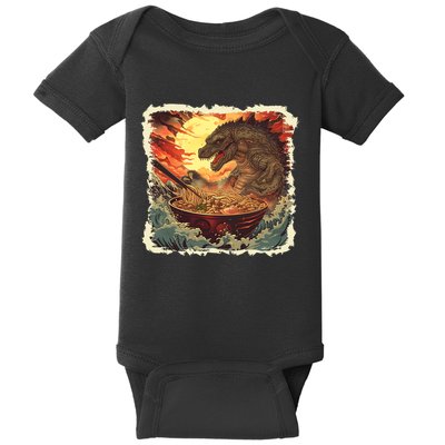 Funny Vintage Retro Japanese Great Wave Ramen Kaiju Monster Baby Bodysuit