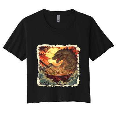 Funny Vintage Retro Japanese Great Wave Ramen Kaiju Monster Crop Top