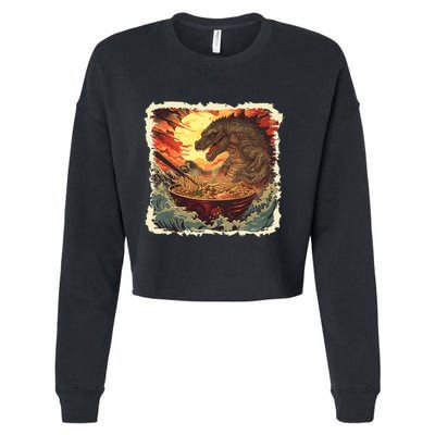Funny Vintage Retro Japanese Great Wave Ramen Kaiju Monster Cropped Pullover Crew