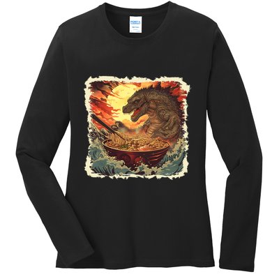 Funny Vintage Retro Japanese Great Wave Ramen Kaiju Monster Ladies Long Sleeve Shirt