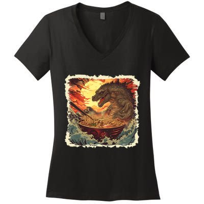 Funny Vintage Retro Japanese Great Wave Ramen Kaiju Monster Women's V-Neck T-Shirt
