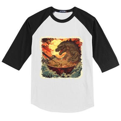 Funny Vintage Retro Japanese Great Wave Ramen Kaiju Monster Kids Colorblock Raglan Jersey